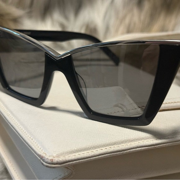 Saint Laurent NWOT Sexy Black Cat-Eye Sunglasses $495 w/ silver accents & case. main image 6